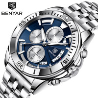 BENYAR Blue Watch Men Stainless Steel Dress WristWatch 30m Waterproof Chronograph Quartz Clocks Luminous Hand Relogio Masculino