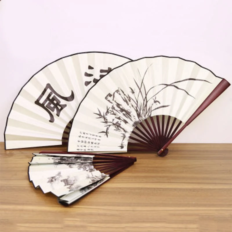 Retro Folding Silk Fan for Men, Chinese Style, Pocket Bamboo Handle, Hand Fan, New, 1Pc, 2025