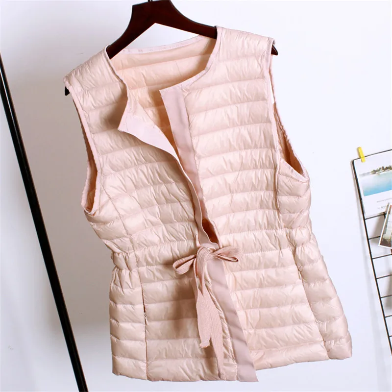 Ultra Light White Duck Down Vest Parkas 2022 Autumn Winter Women Sleeveless Puffer Waistcoat Coat Lady Tie Bow Tank Jacket Tops