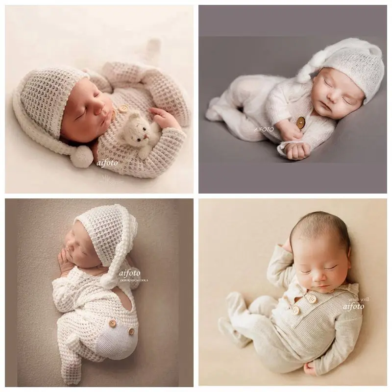 2021 Newborn Photography Props White Outfit Infant Girl Boy Romper+Hat Fotografia Accessories Baby Photo Studio Shoot Clothes