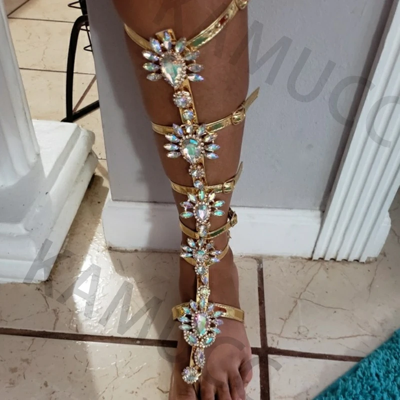 Woman Sandal Boots Rhinestone Lady Knee High Boots Thin High Heels Stiletto Crystal Dress Summer Shoes Sandalias Bohemia Style