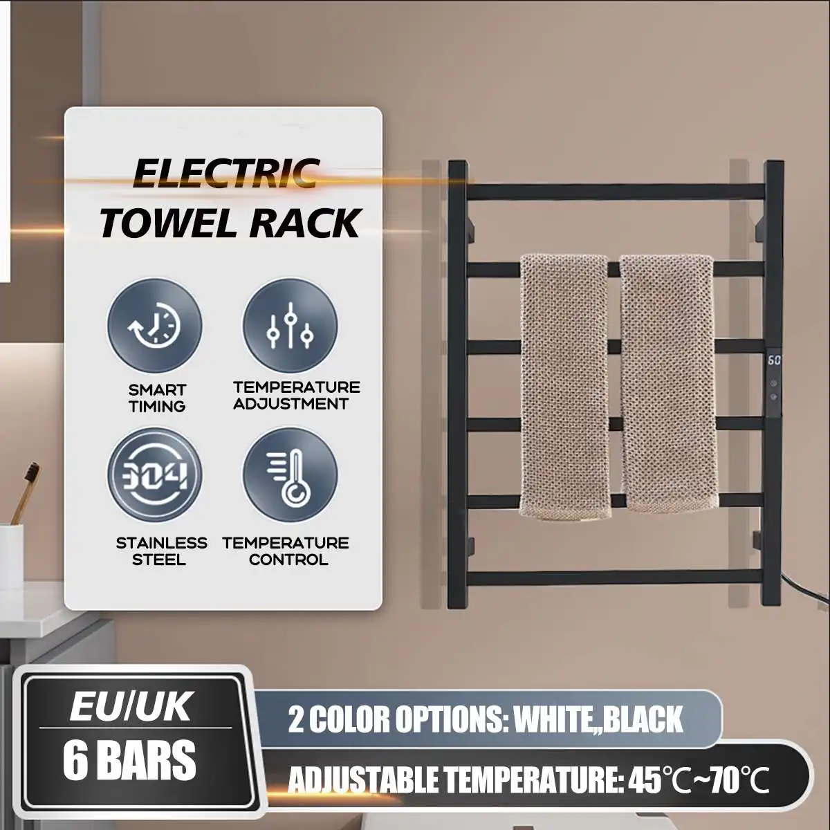Scaldasalviette da bagno portasciugamani elettrico 45 ° ~ 70 acciaio inossidabile controllo della temperatura e del tempo portasciugamani riscaldato a casa intelligente 80W IPX5