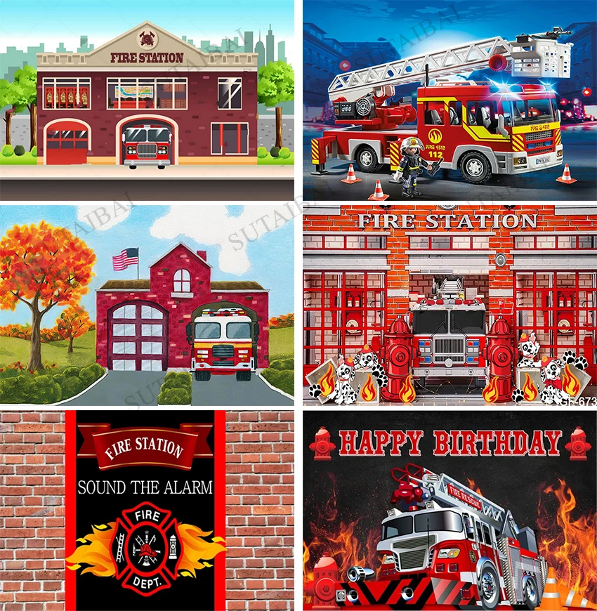 

Fire Station Photography Backdrops Fireman Fire Truck Boy Birthday Party Background Cake Smash Photo Studio Photocall