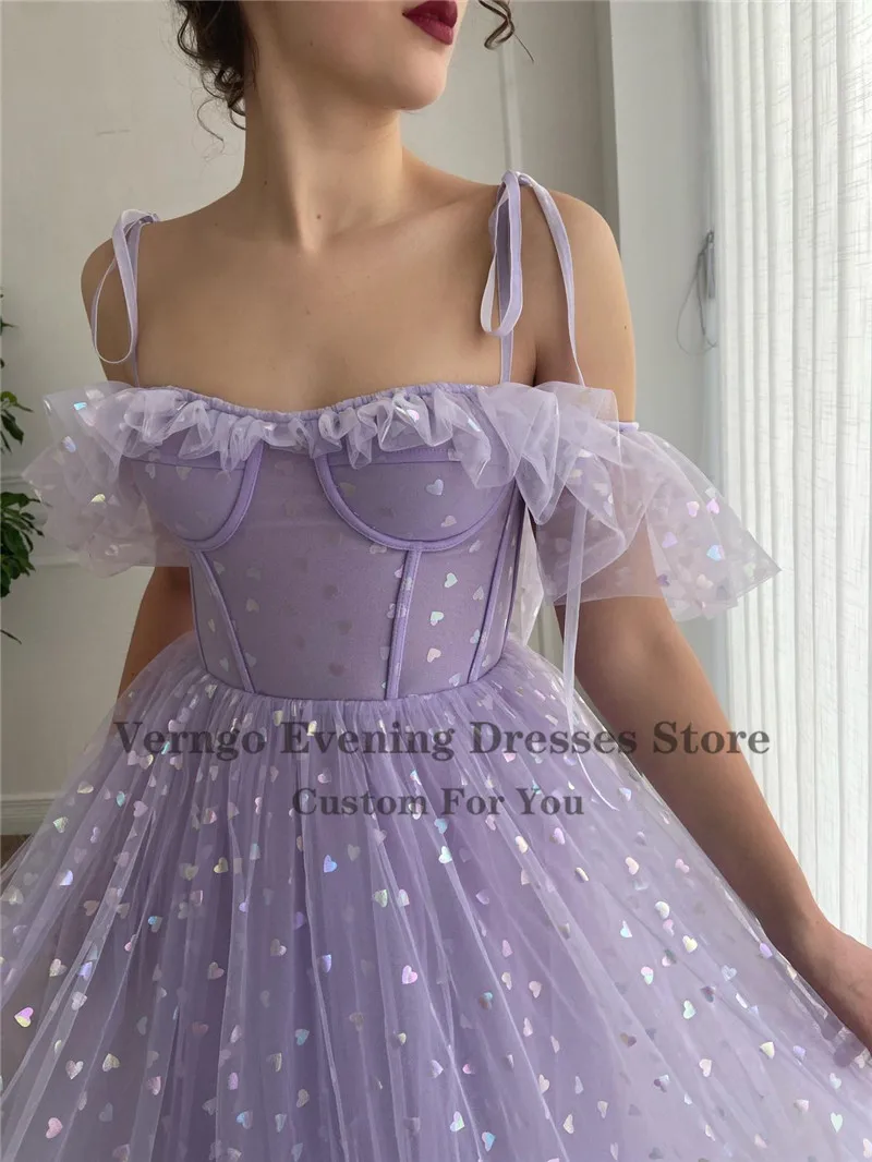 Verngo 2021 Bright Lavender Tulle With Heart Prom Dresses Off the Shoulder Straps Corset Boning Tea Length Formal Party Gown