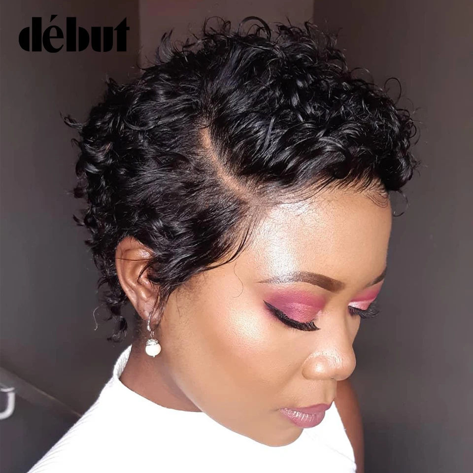 Debut Lace Front Human Hair Wigs Ombre Short Curly Bob Human Hair Wigs 99J Red Pixie Cut Lace Part Human Hair Cheap Full Wigs