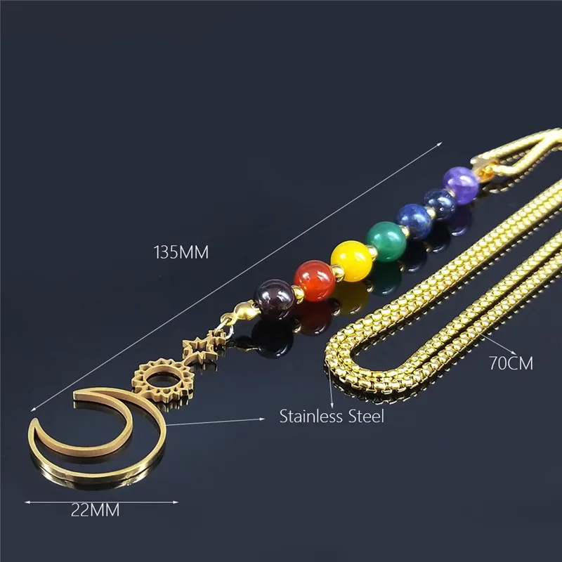 Sun Moon Yoga 7 Color Chakra Stone Stainless Steel Long Chain Necklaces for Women Gold Color Necklaces Jewelry N6354S04