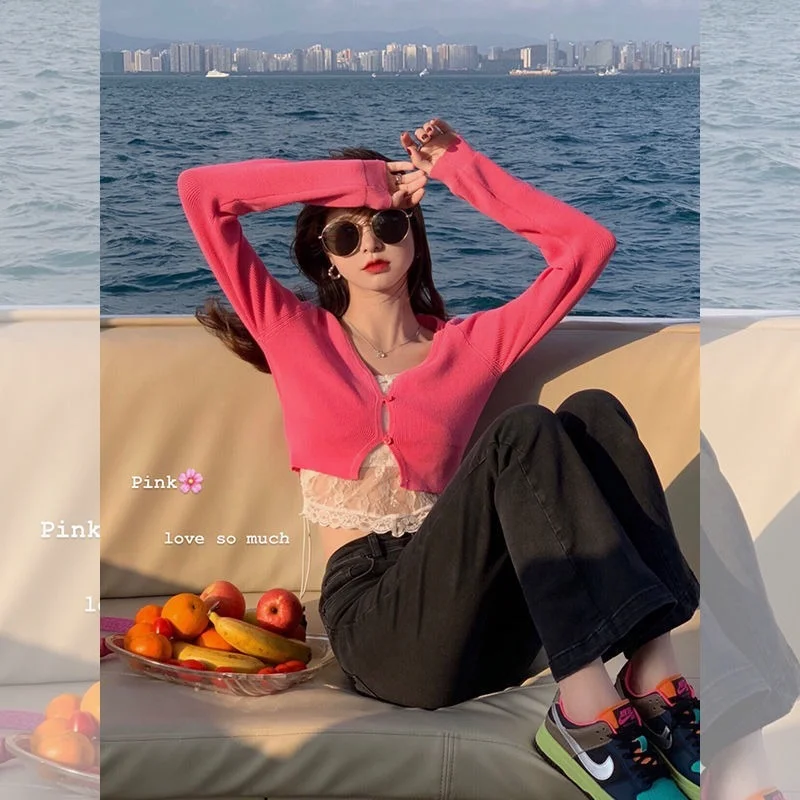 Women Shrugs Long Sleeve Crop Tops V-neck Knitted Solid Candy Color Summer Sun-proof Thin Daily Casual Outwear Korean All-match