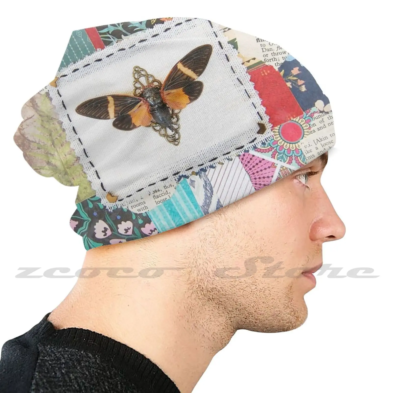 Patchwork Cicada Personalized Pattern Knit Hats Plus Size Elastic Soft Cap Cicada Insect Bug Moth Patchwork Pattern Cottagecore