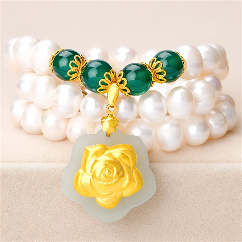 

HABITOO 999 Gold Jade Flower Pendant White Freshwater Pearl Necklace 18inches Jewelry for Women Charming Gifts Daily Wear