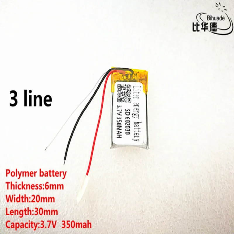 

5pcs/lot 3 line Good Qulity 3.7V,350mAH,602030 Polymer lithium ion / Li-ion battery for TOY,POWER BANK,GPS,mp3,mp4