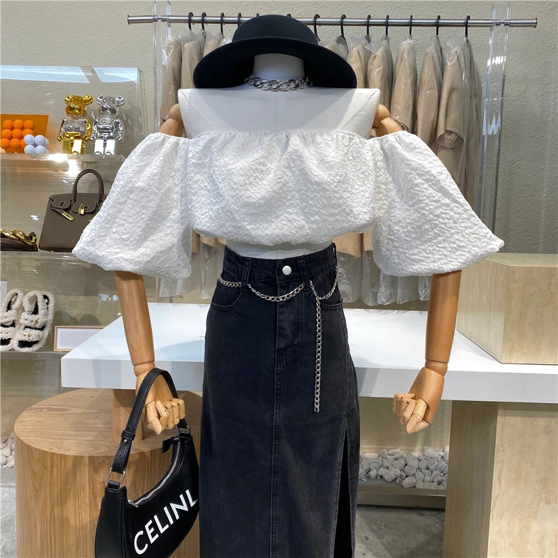 Brand Original Design 2021  New Bubble Sleeve Short Navel Top Super Fairy Sweet Pink Girl Jacquard Tube Top Shoulder Shirt