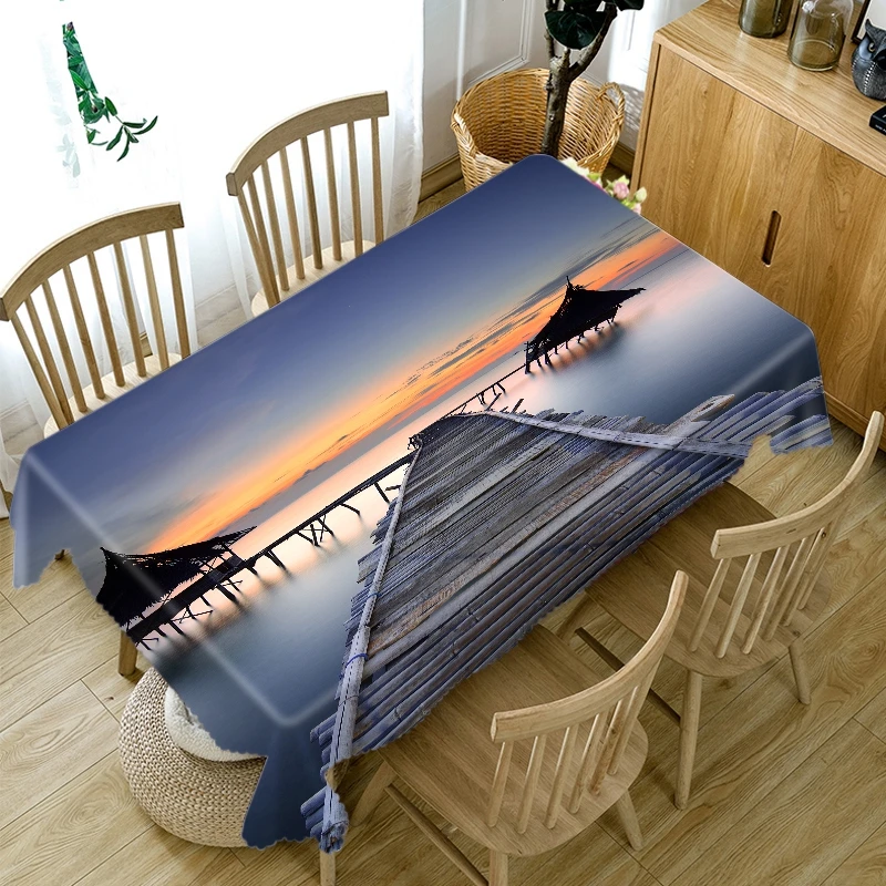 

3D Bamboo Bridge Pattern Sunset Seascape Tablecloth Thicken Cotton Rectangular/Round Table Cloth for Wedding Picnic Party