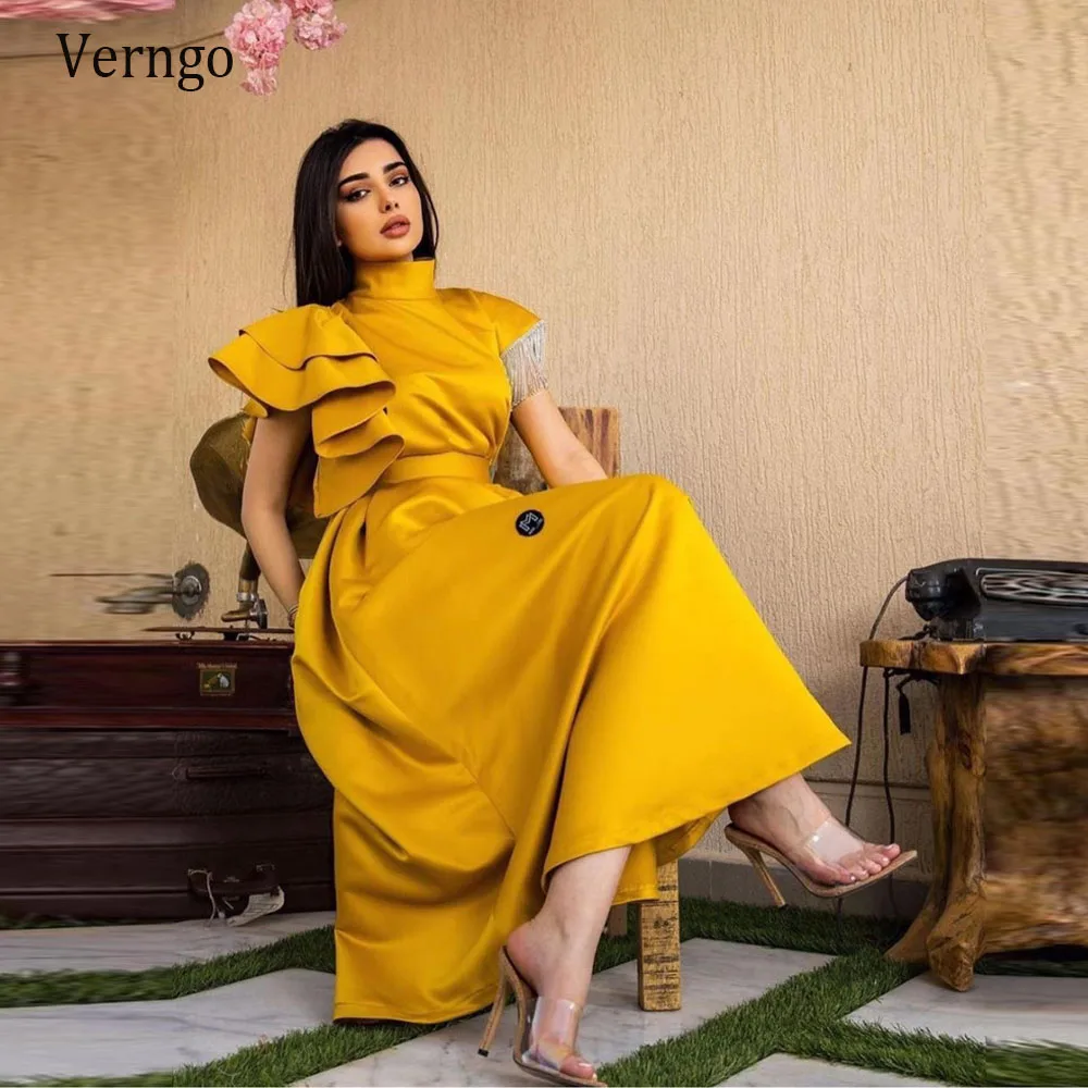 Verngo Modest Gold Satin A Line Evening Gowns Dubai Women High Neck Tassel Ruffles Tiered Sleeves Ankle Length Formal Prom Dress