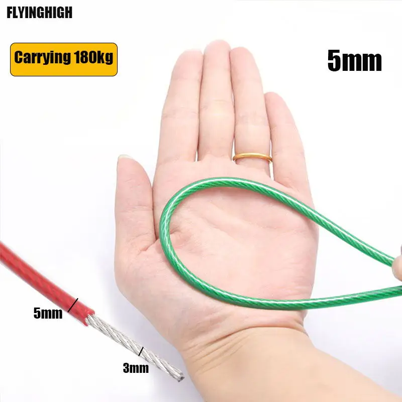 10m 304 de aço inoxidável pvc revestido fio de aço corda macio estilingue 7*7 varal 5mm diâmetro