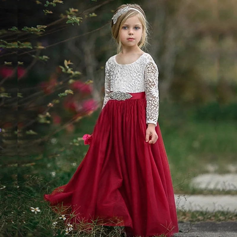 

Burgundy Flower Girl Dresses For Weddings A-line Long Sleeves Tulle Lace Long First Communion Dresses For Girl Little