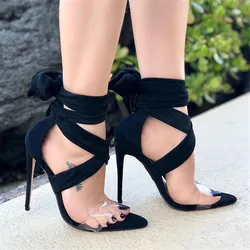 Onlymaker Womens Peep Toe Clear Band Lace Up High Heel Sandals OpenToe Knot Casual Party Dressing Shoes Big Size