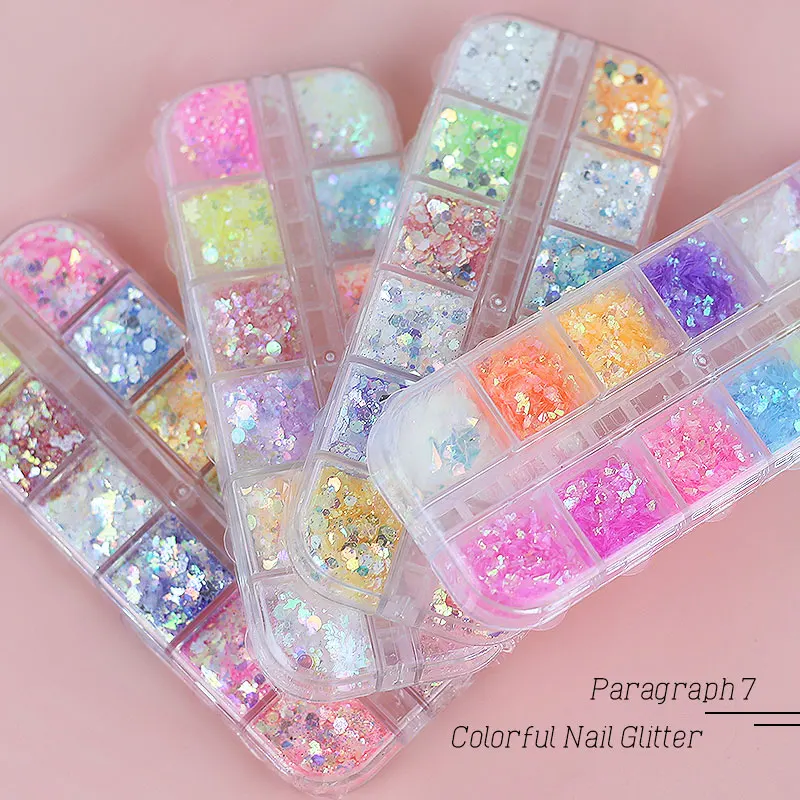 Parkson Nail Glitter Sequins Sparkly 12 Grids/Box Holographic 3D Sparkly Paillette Flakes Shining Charm Art Decorations Maincure