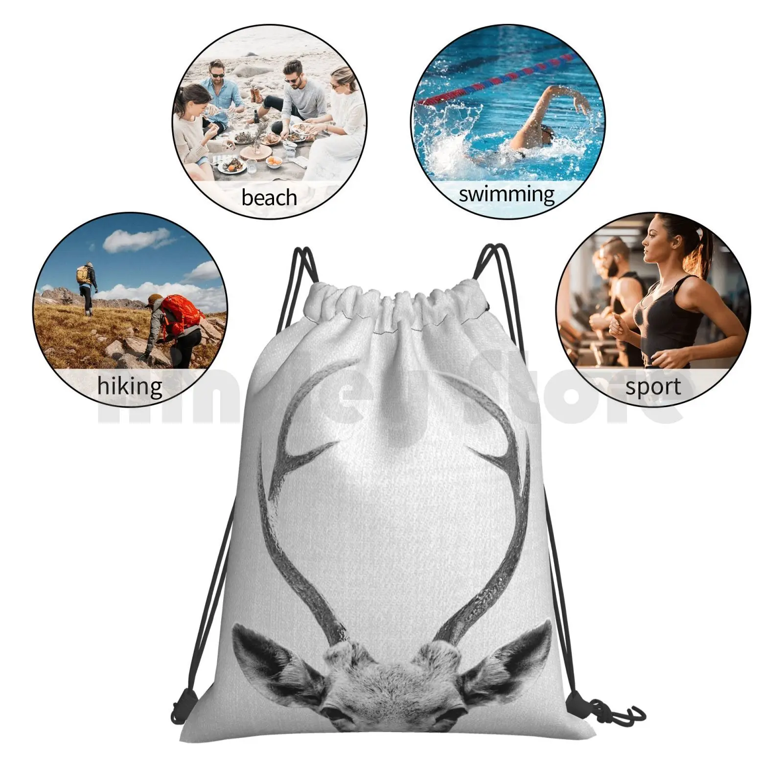 Mochila Deer-Black & White con cordón, bolsa para montar en el gimnasio, escalada, ciervo, animales, Peekaboo, negro, blanco, naturaleza, Vida Salvaje