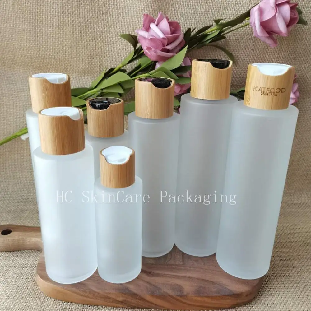 Groothandel Lege Huidverzorging Toner Flessen Bamboe Deksel Frosted Glazen Fles Cosmetische Containers Verpakking Flessen Body Lotion Fles