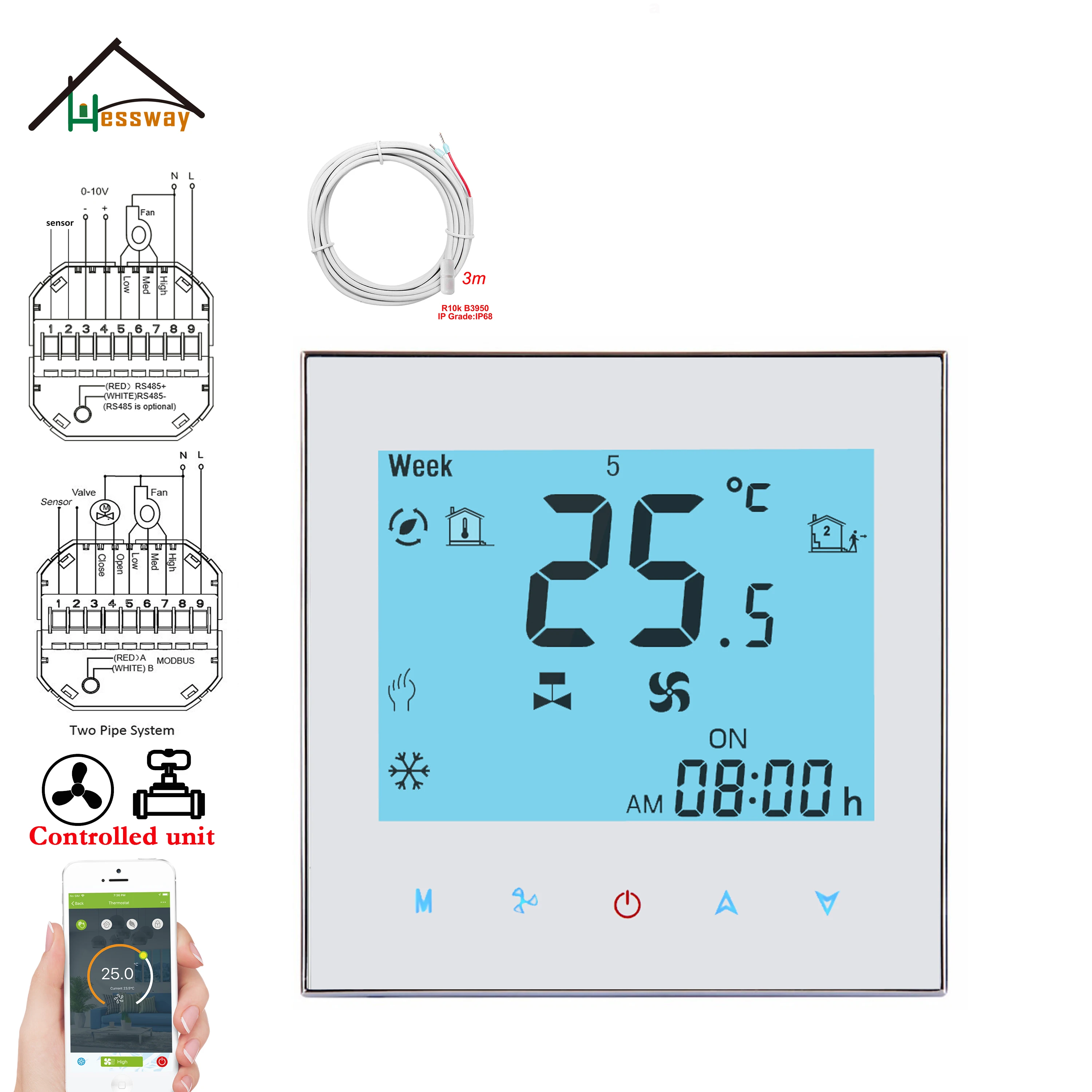 

HESSWAY WIFI Heat Cool Thermostat for 0-10V Proportional/NC NO Valve Fan Coil Air Conditioner Works with Alexa Google Yandex