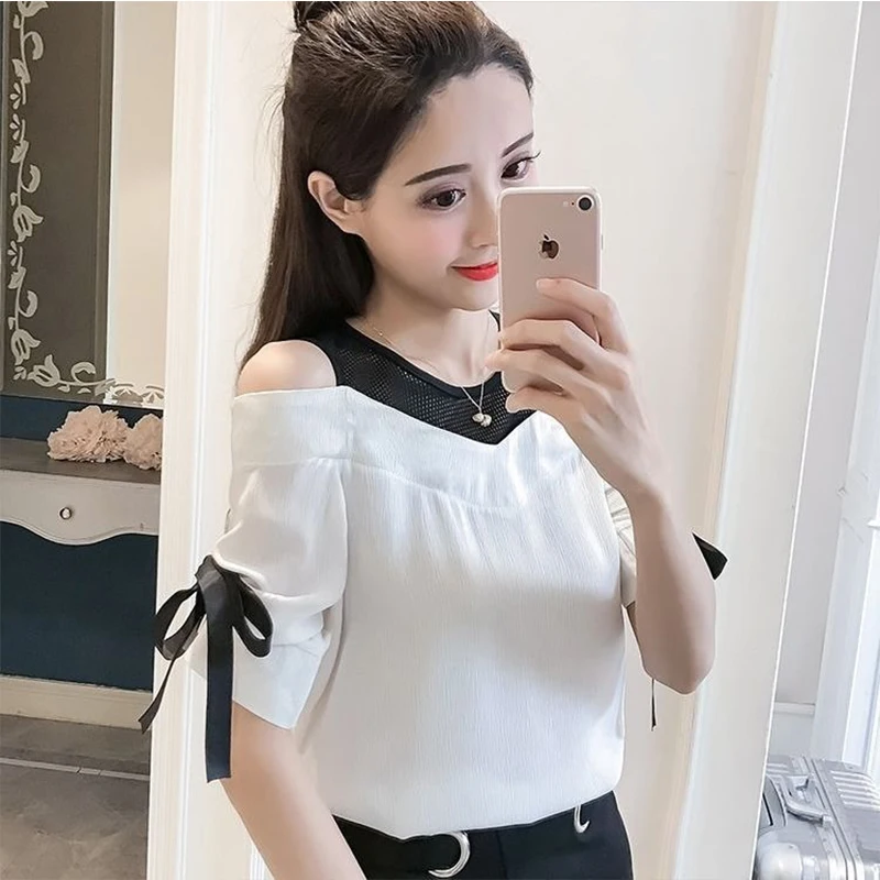 Fashion Women Spring Summer Style Chiffon Blouses Lady Casual Bow Short Sleeve O-neck Solid Loose Elegant Women Tops DF3476