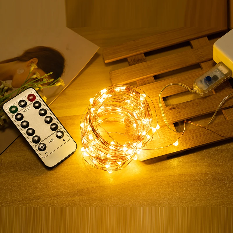 Cadena de luces de hadas LED USB, iluminación de vacaciones, cable plateado impermeable con control remoto para decoración de bodas y fiestas de Navidad, 5m, 10m, 20m