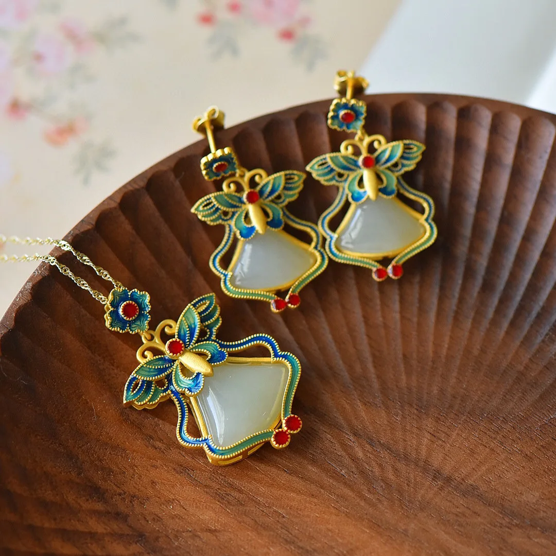 

Foydjew Butterfly Earrings Inlaid Imitation Jade Pendant Necklaces Women's Retro Ethnic Style Enamel Butterfly Jewelry Sets