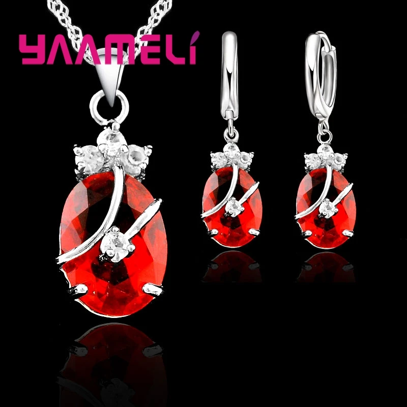 New Fashion Vintage Jewelry Sets For Women 925 Sterling Silver Crystal Stone Pendant Charms Wedding Necklace Hoop Earrings