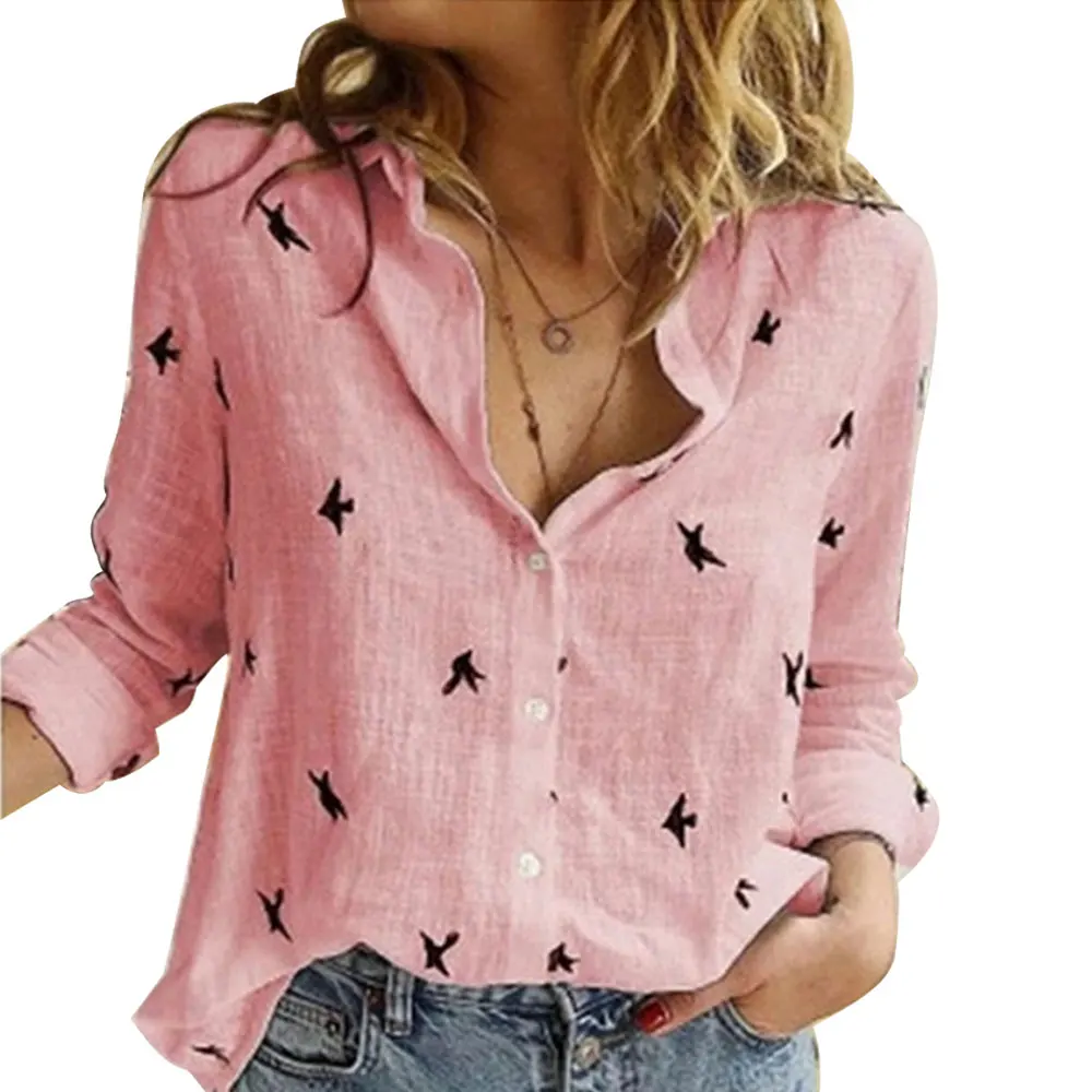 Jocoo Jolee Women Casual Birds Print Blouse Spring Summer Long Sleeve Cotton and Linen Loose Shirt Vintage Tops Tunic Oversized