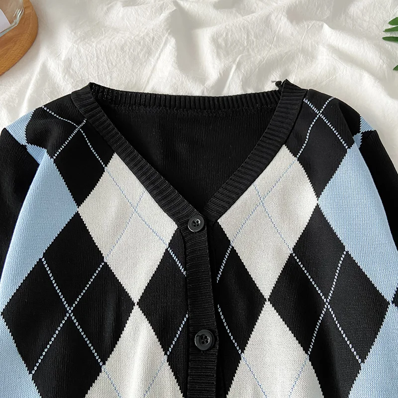 Retro Argyle Cardigan Women Gentle Single Breasted Long Sleeve Knitted Tops Loose All-match Preppy Style V-neck Cropped Sweaters