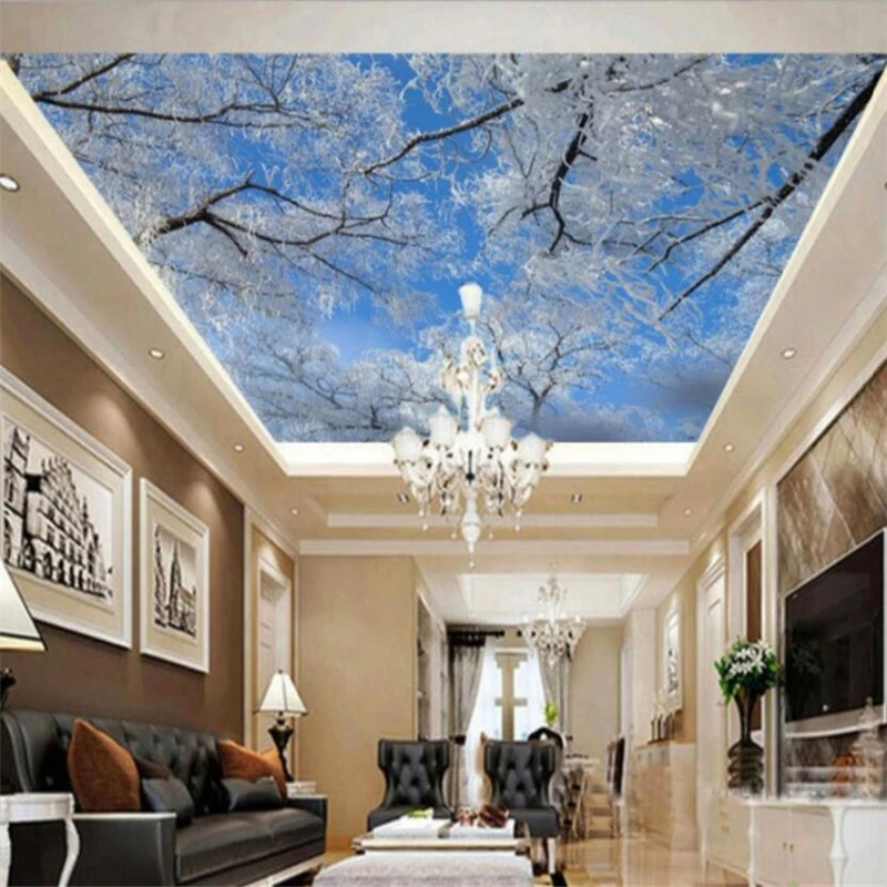 Custom large wallpaper 3d winter sky icing big tree snowflake charming zenith mural living room hotel ceiling 3d papel de parede