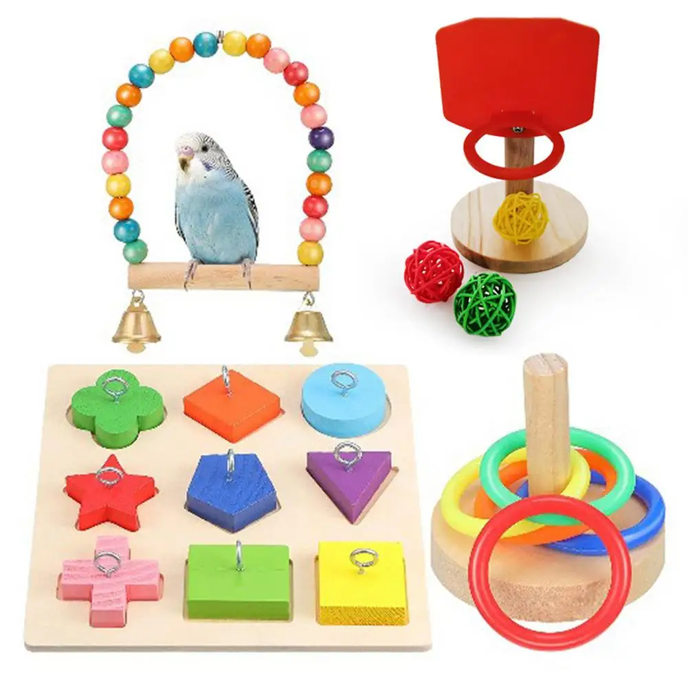 

4 Pieces Bird Parrot Toys - Pet Bird Basketball Toys & Stacking Ring Toys Bird Swing Toys Wooden Perch Chew Toy For Small Parr