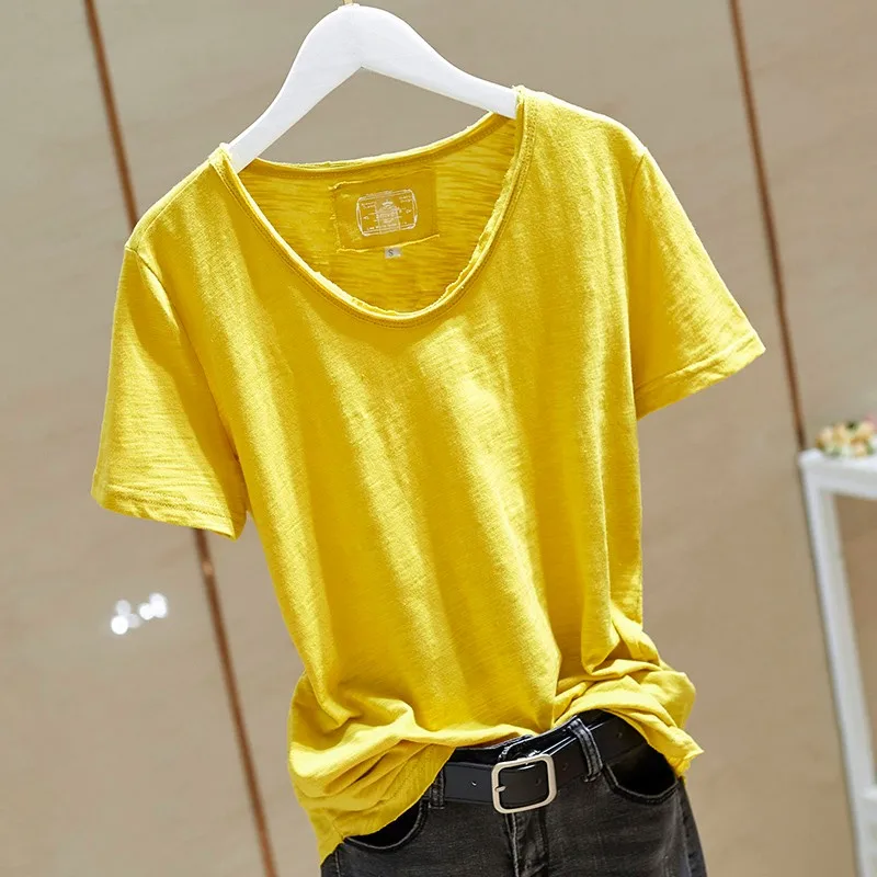 여성 브이넥 순백색 반팔 티셔츠, 루즈하고 얇은 반팔 상의, 한국 핑크, 여름 신상