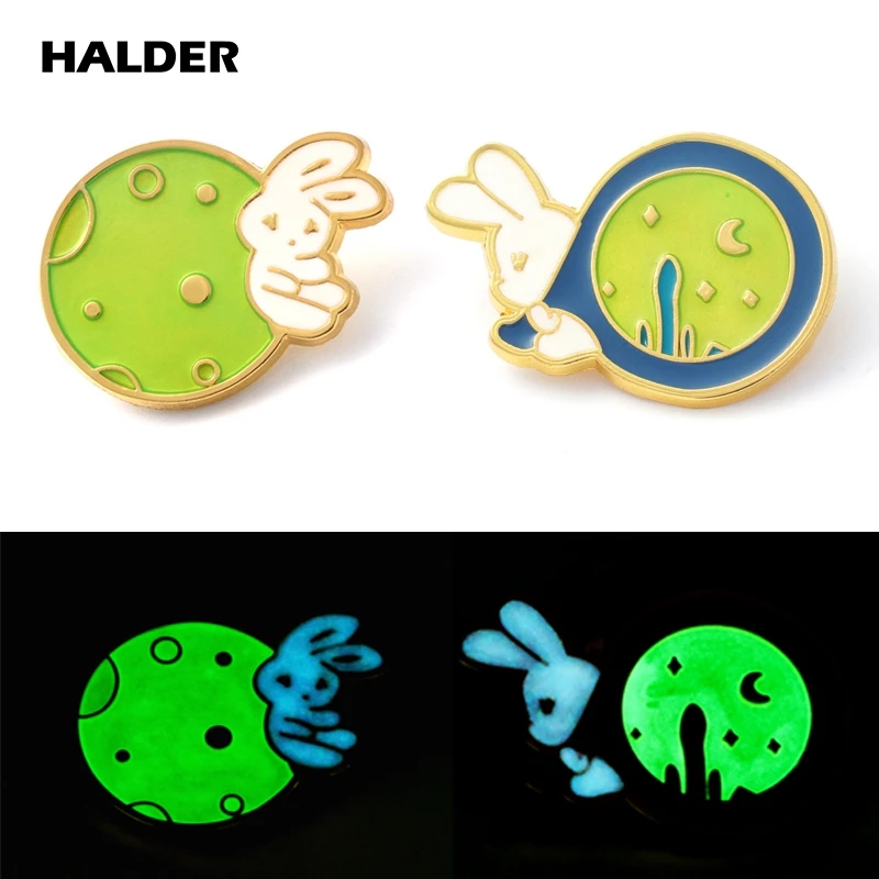 HALDER Cute Rabbit Moon Star Cartoon Enamel Pin Alloy Metal Jewelry Lapel Backpack Noctilucent Brooch Costum Badge Gift For Kids