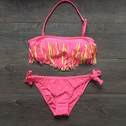 Solid Tassel Girls Bikinis 2026 Kids Swimwear Swimsuit Summer Beach Children Bandage Biquinis 5-12 Years Teens Baby Bathing Suit
