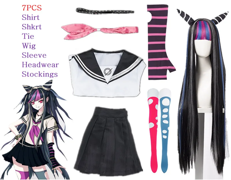 Ibuki Mioda Cosplay costume Danganronpa 2 The End of shirt dress wig female student JK uniform skirt 7 sets of Halloween costume