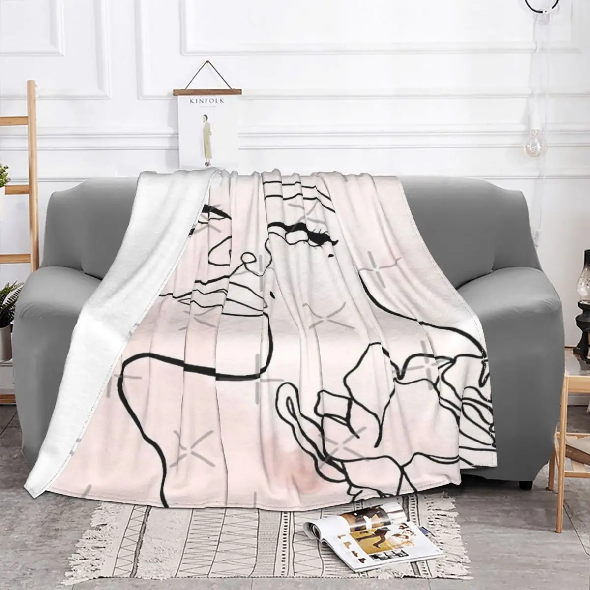 Femme-colcha artística con diseño de líneas rosas, cobertor de cama a cuadros, manta de lana 150, colchas para camas