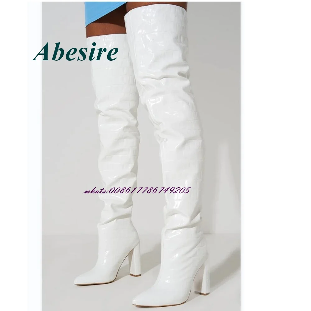 Abesire Pointed Toe Chunky Heel Boots Thigh High Boots for Plus Size Women Winter White Croc Heels New Design Fashion Sexy Boots