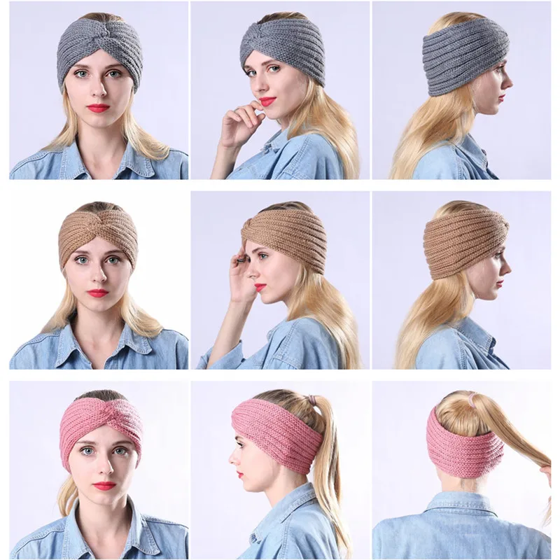 2024 Winter Warmer Ear Knitted Headband Turban For Lady Women Crochet Bowknot Rhinestone Hairband Headwrap Hair Accessories