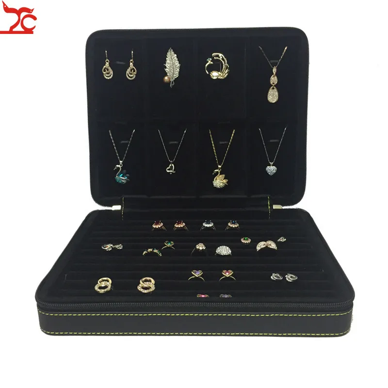 Large Black Ring Slot Bar Jewelry Display Case Zipper Leather Stud Cufflink Exhibition Organzier Storage Travel Tray Box