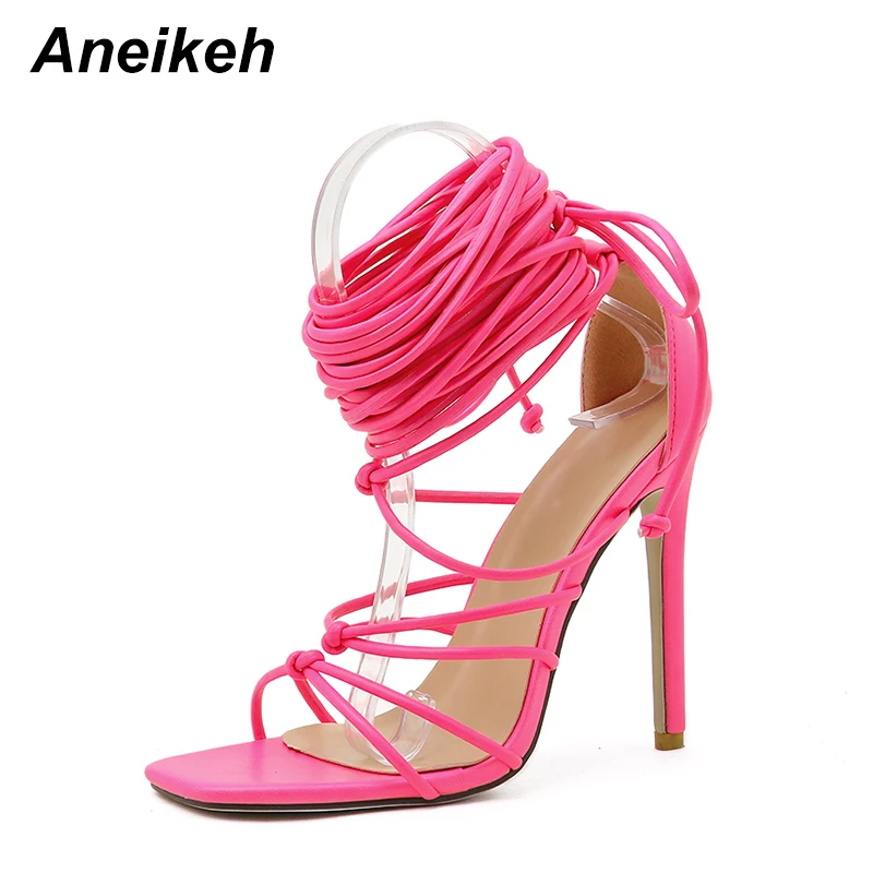 Aneikeh NEW Summer Sexy Women\'s Sandals Narrow Band Slides Ladies Gladiator Party Thin Heels Square Toe colourful Shoes Fashion