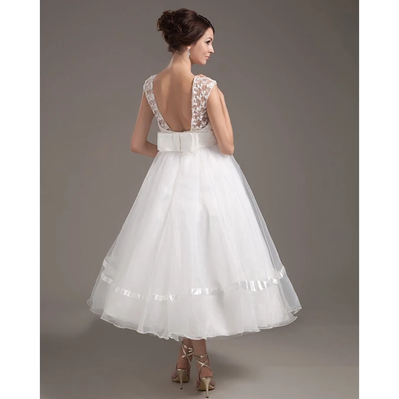 Rijk Korte Lace Tulle Trouwjurken Baljurk Prinses Bruidsjurken Backless Wit Party Dress Thee Lengte Robe De Mariee