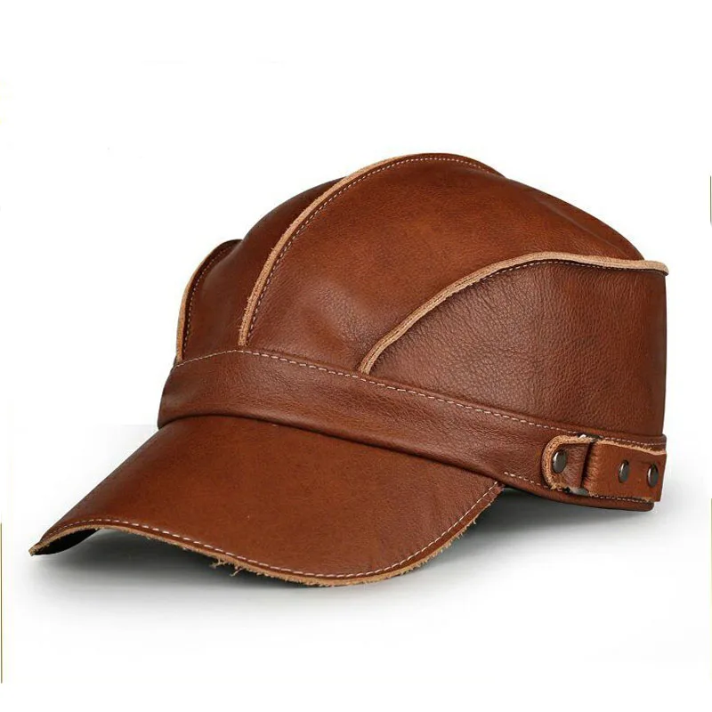 Fashion Unisex High Quality Real Leather Military Caps Sailor Hats Women Men Black Brown Flat Top Captain Cap Travel Cadet Hat