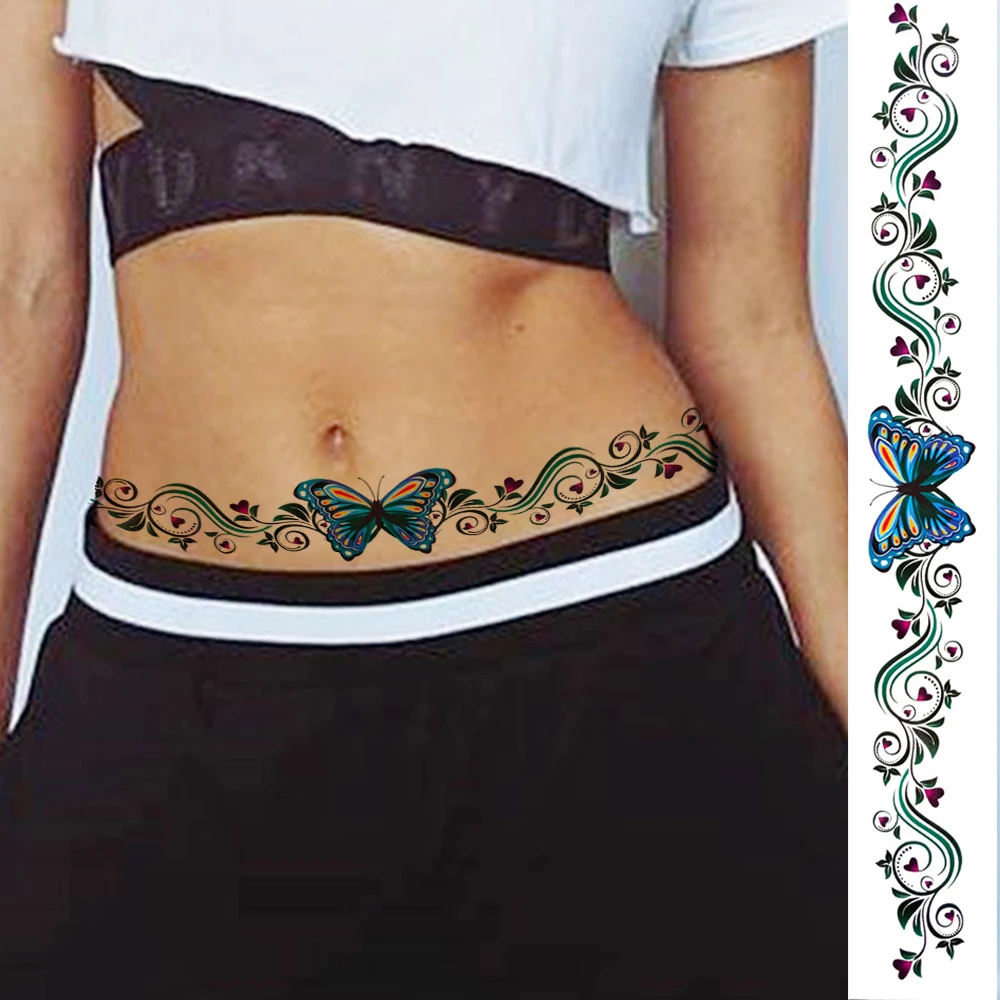 Flower Butterfly Temporary Tattoos For Women Adults Sexy Body Art Tattoo Fake Sexy Throns Vine Waist Line Art Tatoos For Holiday