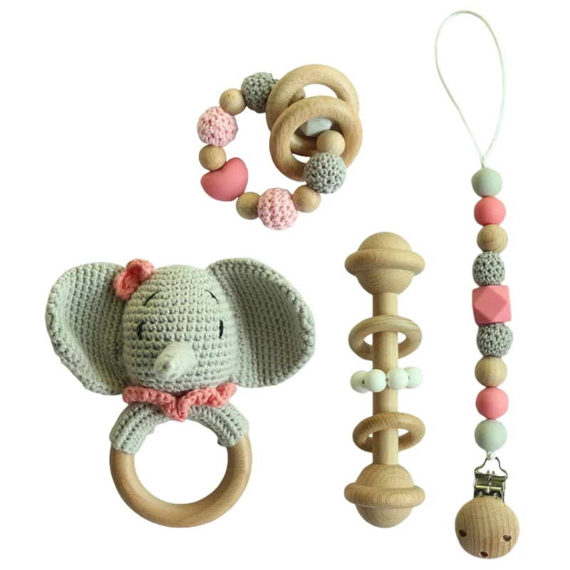 

Crochet Wooden Ring Baby Teether Animal Rattle Chewing Teething Nursing Soother Molar Infant Toy Accessories