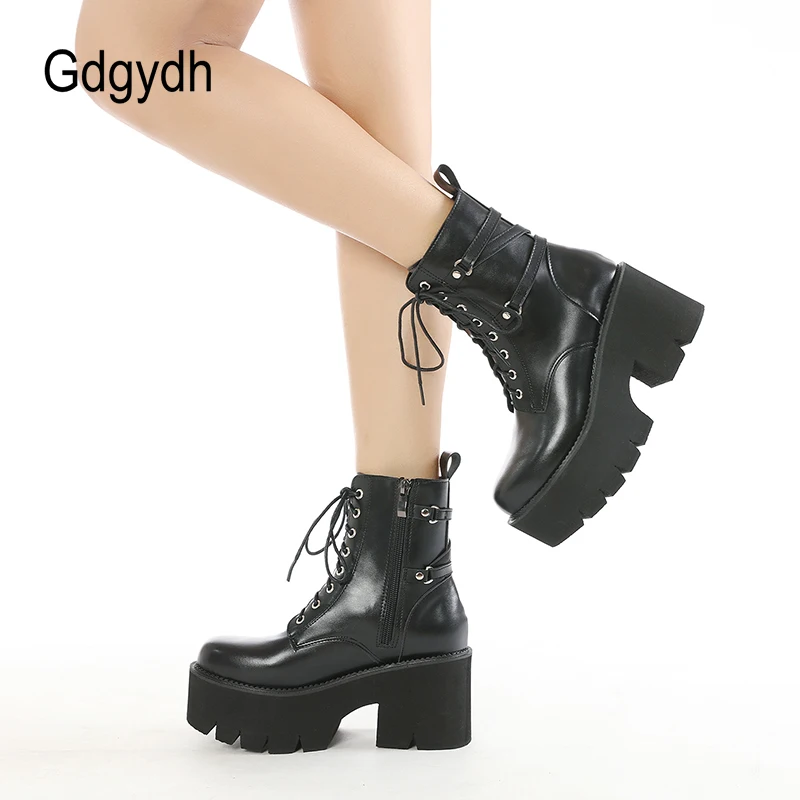 Gdgydh Mid Calf Boots Platform Goth Shoes Chunk Heels Black Leather Plus Size Side Zipper Rave Combat Boots for Women Lace Up