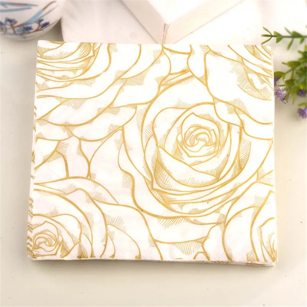 20Pcs/Pack Disposable Party Tableware Golden Rose Floral Flower Theme Paper Napkins Festive Party Tissue Napkins Decoration