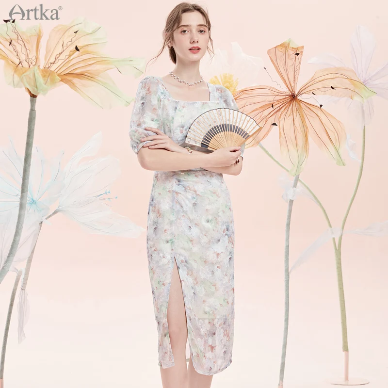 ARTKA 2021 Summer New Vintage Square Collar Chinese Cheongsam Floral Dress Waist Shirring Slim Split Midi Dresses Women LA22716X