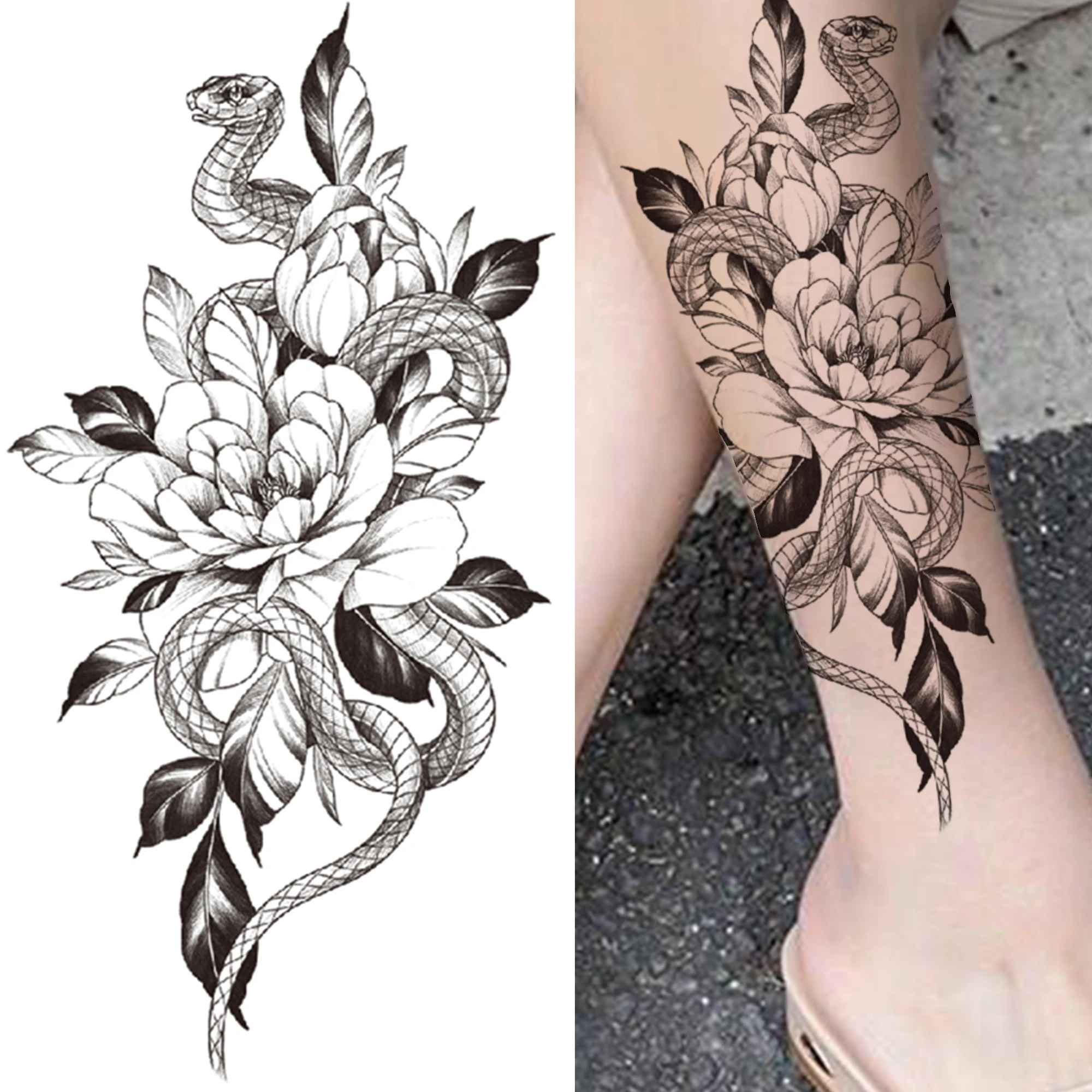 Black 3D Rose Temporary Tattoo For Women Girls Adult Peony Dahlia Flower Tattoos Sticker Black Flora Glory Geometric Arm Tatoos