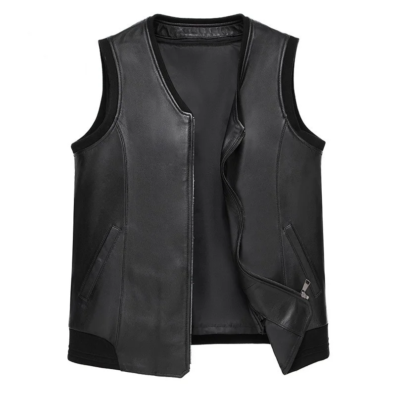 Winter Autumn Real Leather Vest Men Business Casual V-Neck Warm Sheepskin Sleeveless Jacket Zipper Straight Waistcoat 5XL